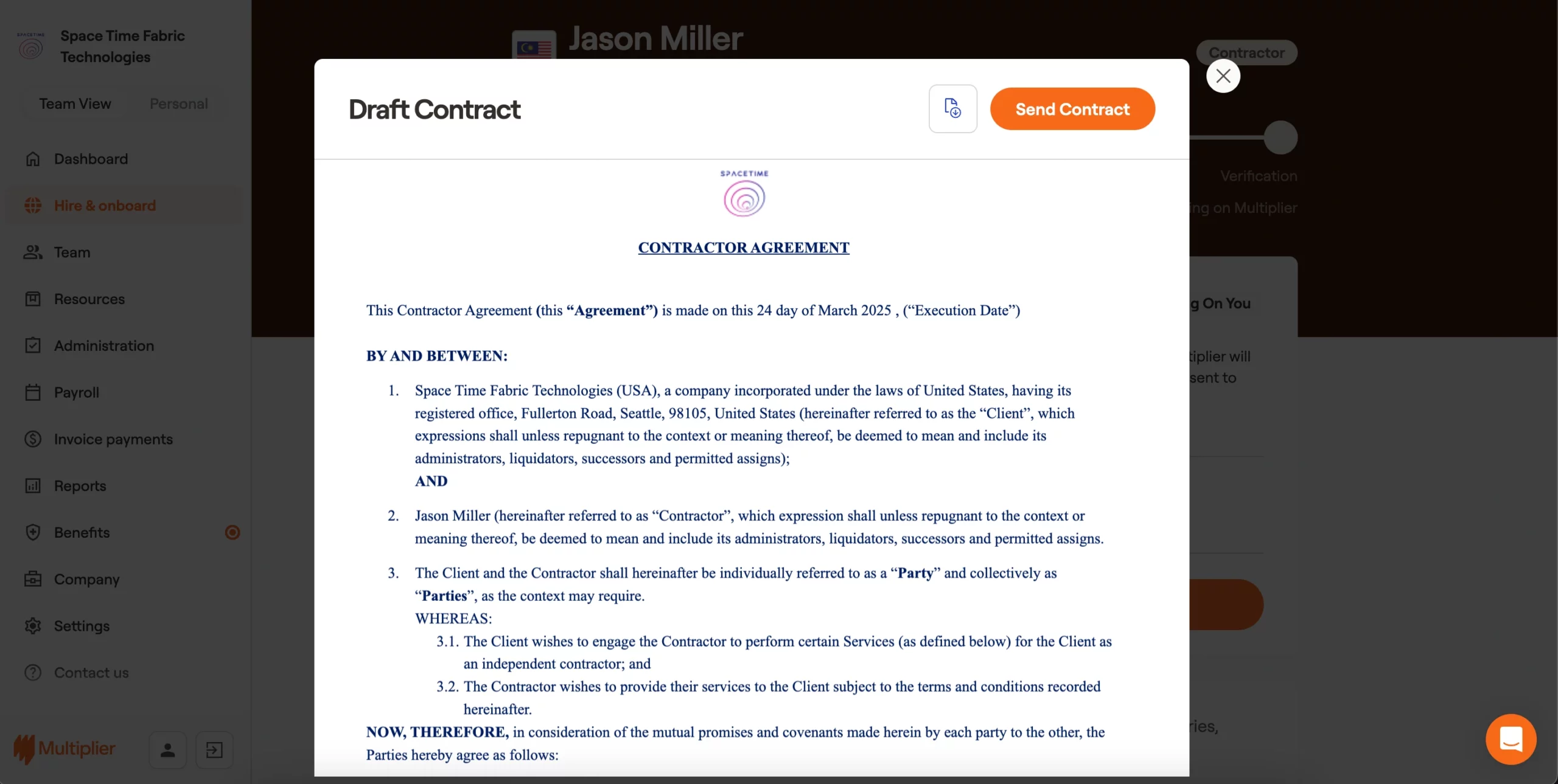 Contract sent to the contractor for onboarding in Malaysia.